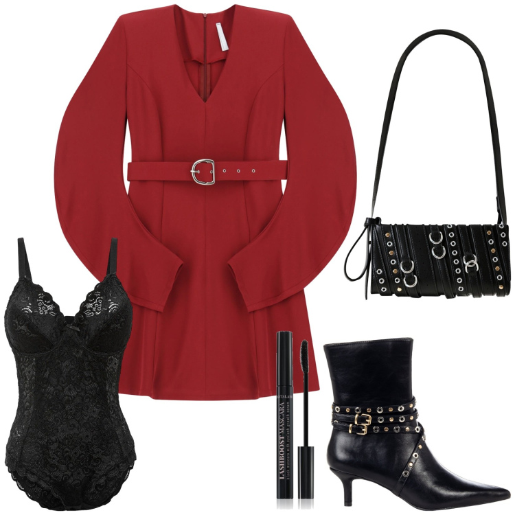 Outfit donna - Autunno/inverno 2025. Stile Trendy per Serata fuori. Abbinamento con body, mascara, stivaletti, borse a spalla, vestiti corti.
