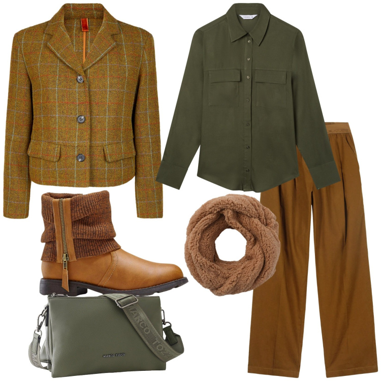 Outfit donna - Total look #2254156. Stile Casual chic per Tutti i giorni. Abbinamento con stivaletti, borse a tracolla, camicie, sciarpe, pantaloni, blazer.
