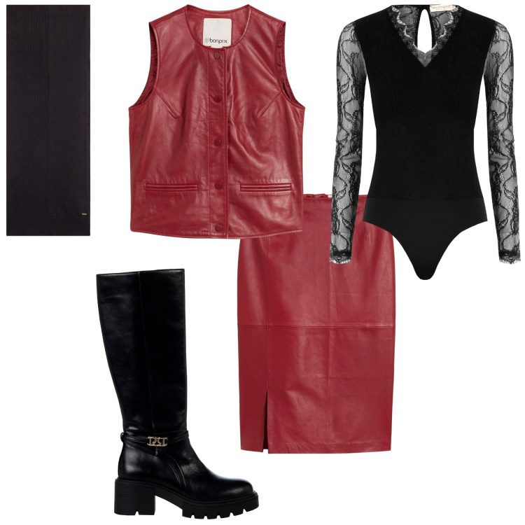 Outfit donna - Total look #2254160. Stile Chic per Serata fuori. Abbinamento con gilet, gonne, stivali sopra il ginocchio, body, sciarpe.