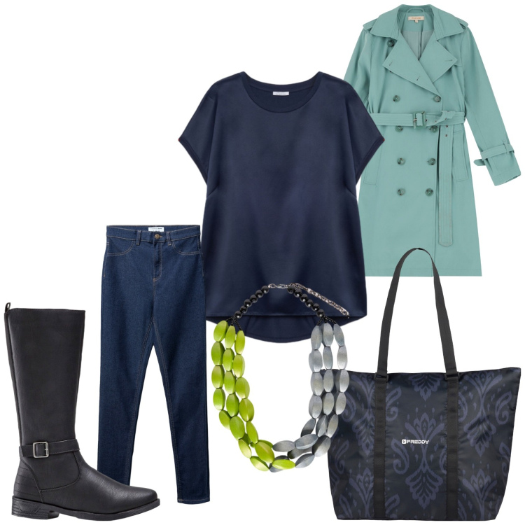 Outfit donna - Un giorno di pioggia. Stile Casual per Ufficio. Abbinamento con stivali, jeggings, trench, shopping bag, bluse, collane.