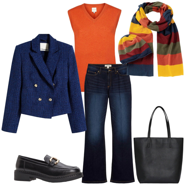 Outfit donna - Total look #2254163. Stile Casual chic per Tutti i giorni. Abbinamento con jeans bootcut, mocassini, sciarpe, blazer, borse tote, maglieria.