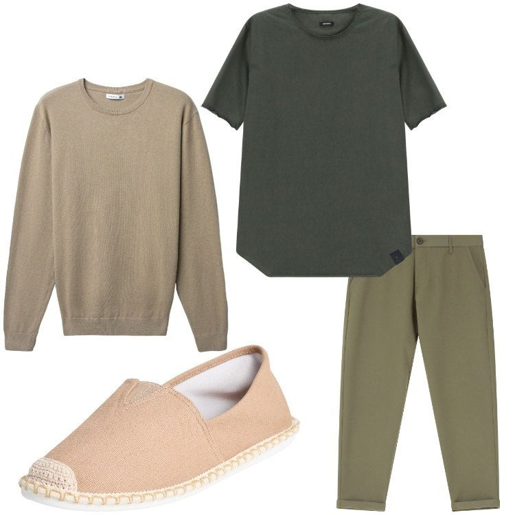 Outfit uomo - Weekend. Stile Casual per Tutti i giorni. Abbinamento con maglieria, espadrillas, t-shirt, pantaloni chino.