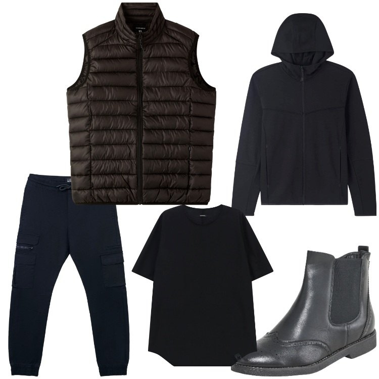 Outfit uomo - Metti che piova. Stile Casual per Tutti i giorni. Abbinamento con felpe con cappuccio, stivali e stivaletti, pantaloni cargo, piumini, t-shirt.