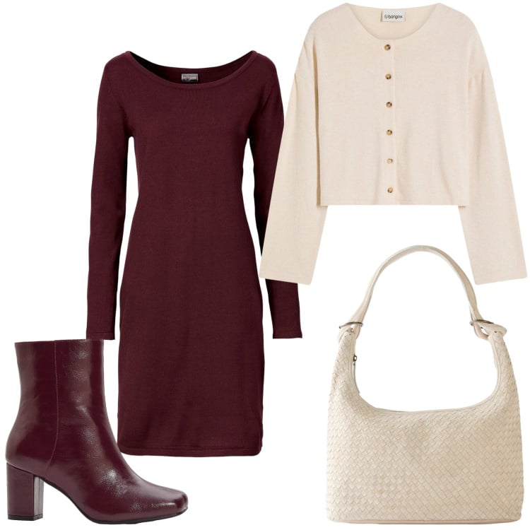 Outfit donna - Ottobre chiaro-scuro. Stile Chic per Ufficio. Abbinamento con vestiti lunghi, stivaletti, cardigans, shopping bag.