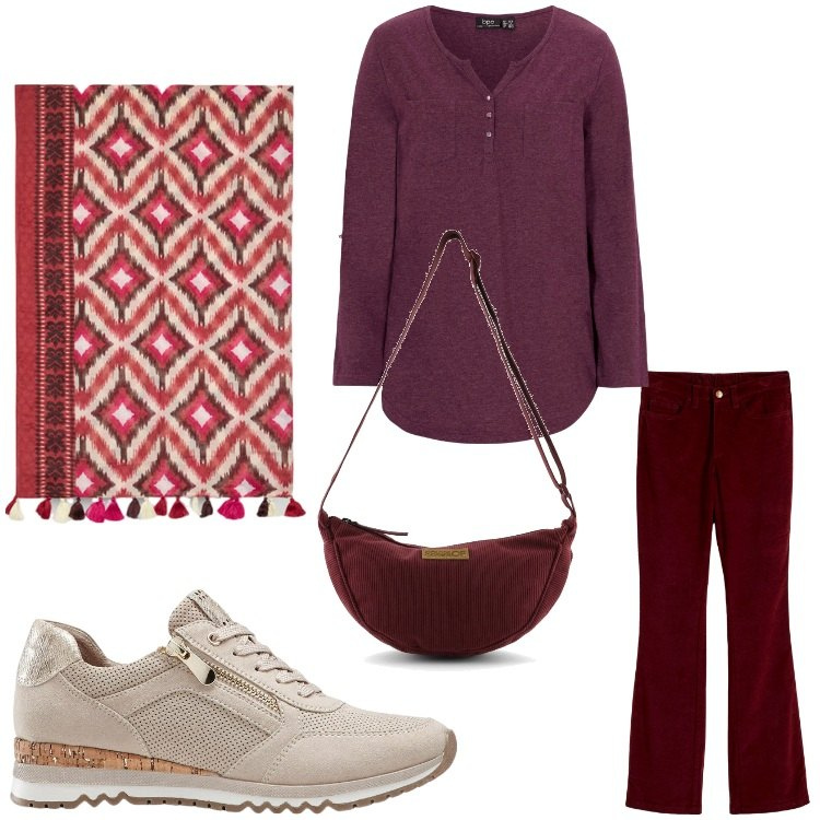 Outfit donna - Vinaccia. Stile Casual per Tutti i giorni. Abbinamento con maglieria, pantaloni, sneakers, sciarpe, borse a tracolla.