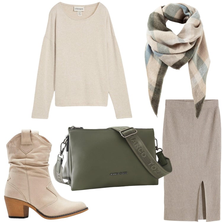 Outfit donna - Autumn. Stile Casual chic per Ufficio. Abbinamento con gonne, maglieria, stivaletti texani, sciarpe, borse a tracolla.