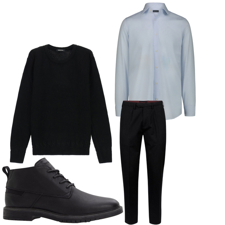 Outfit uomo - Elegante in ufficio. Stile Business/Elegante per Ufficio. Abbinamento con stivali e stivaletti, maglieria, pantaloni, camicie.