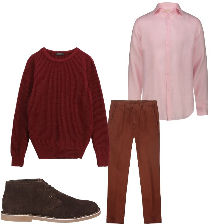 Outfit uomo - Vino e bordeaux. Stile Business/Elegante per Ufficio. Abbinamento con maglieria, camicie, stivali e stivaletti, pantaloni.