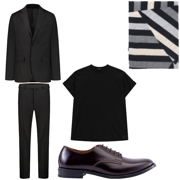Outfit uomo - Nero chic. Stile Business/Elegante per Serata speciale. Abbinamento con sciarpe, t-shirt, scarpe stringate, abiti.