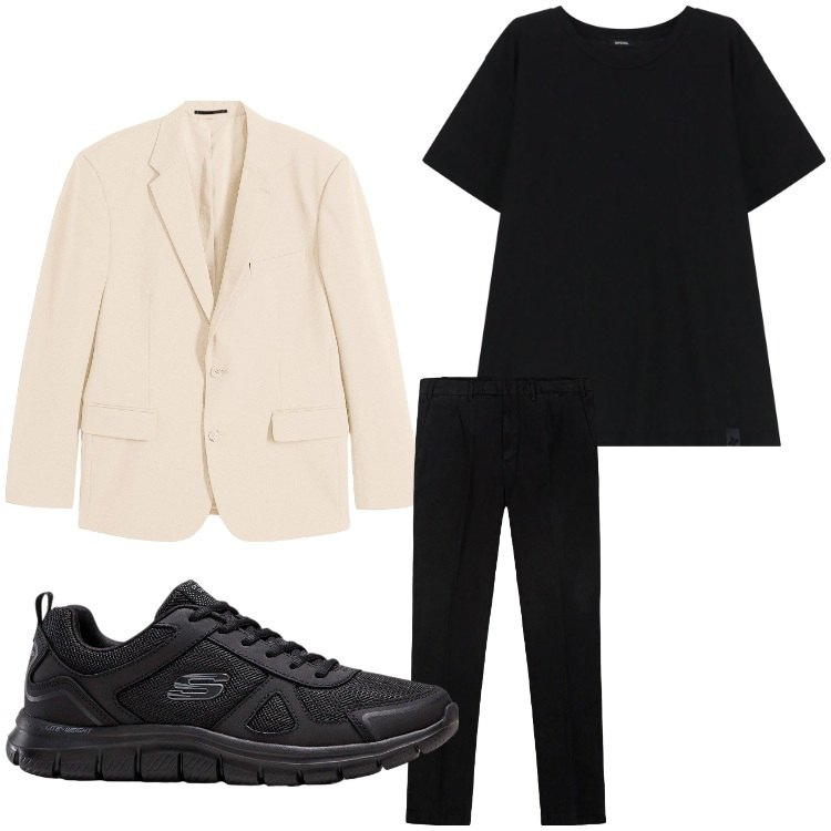 Outfit uomo - Nero e beige. Stile Business/Elegante per Ufficio. Abbinamento con sneakers, giacche, t-shirt, pantaloni.