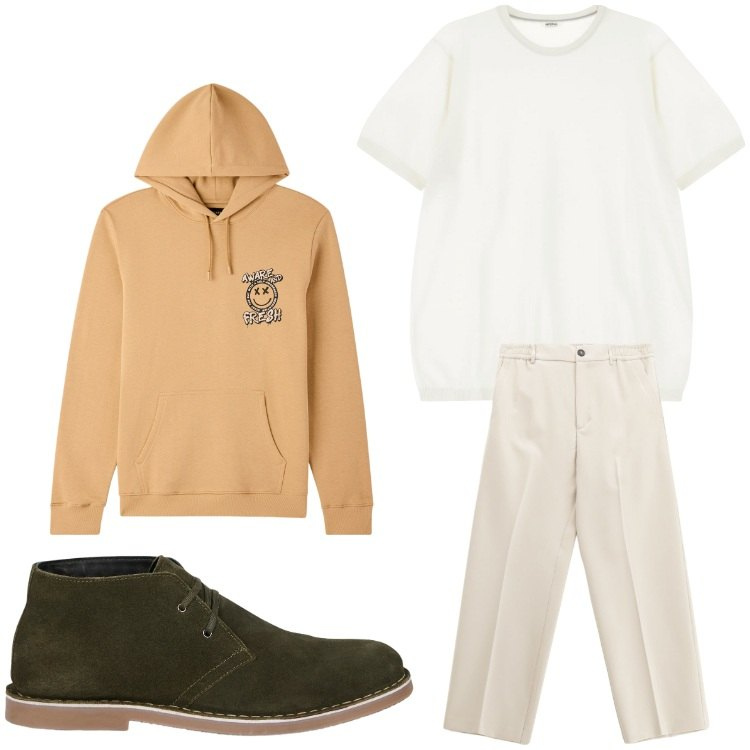 Outfit uomo - Casual da ufficio. Stile Casual per Ufficio. Abbinamento con felpe con cappuccio, t-shirt, pantaloni, stivali e stivaletti.