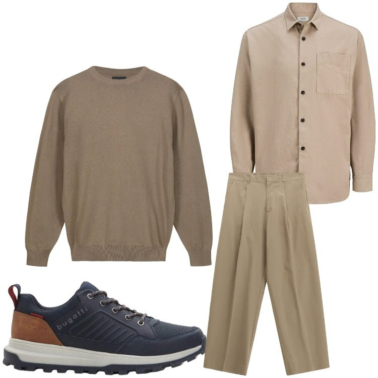 Outfit uomo - Mr. Beige. Stile Casual per Ufficio. Abbinamento con camicie, sneakers, pantaloni, maglieria.