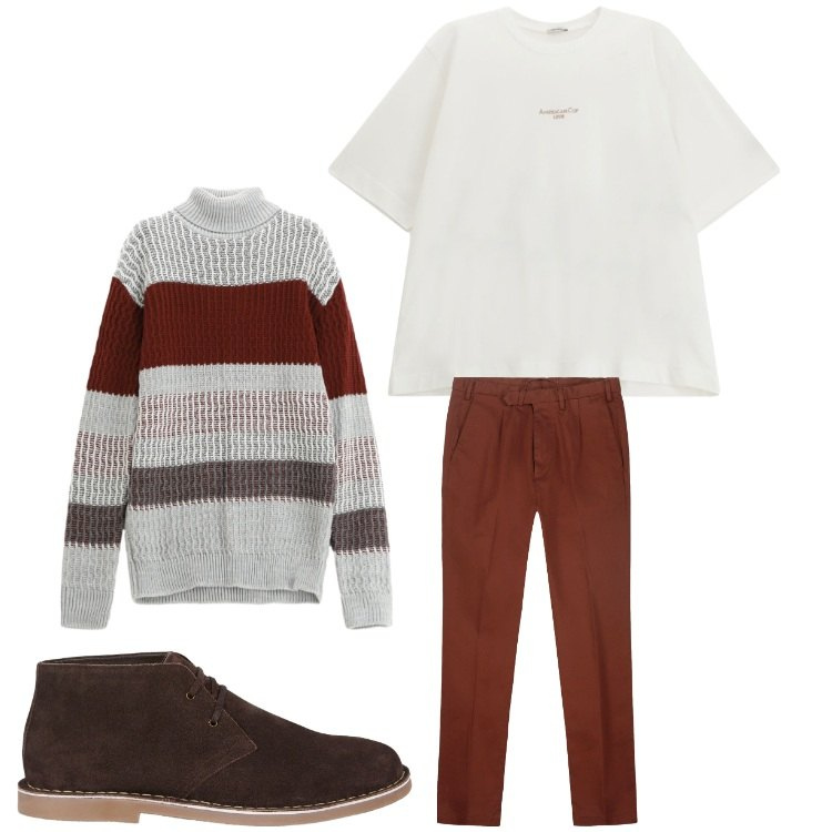 Outfit uomo - Righe colorate. Stile Casual per Tutti i giorni. Abbinamento con maglieria, t-shirt, stivali e stivaletti, pantaloni.