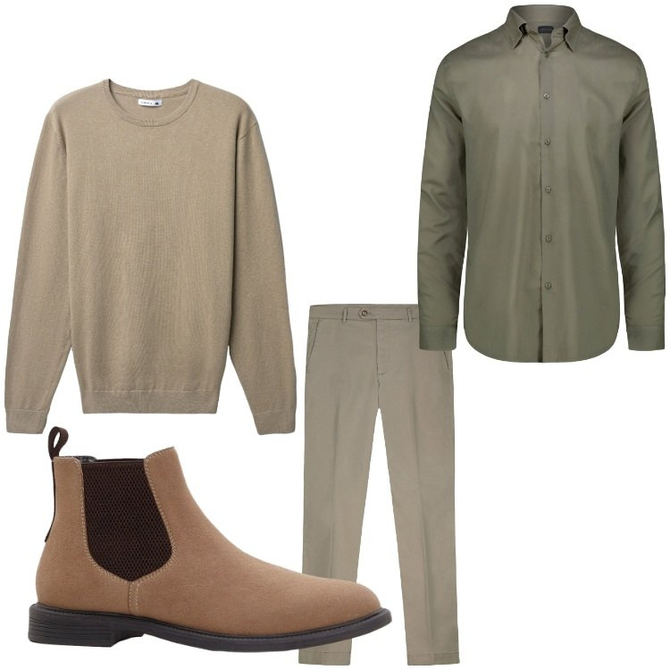 Outfit uomo - Autunno semplice. Stile Casual per Ufficio. Abbinamento con stivali e stivaletti, maglieria, camicie, pantaloni chino.