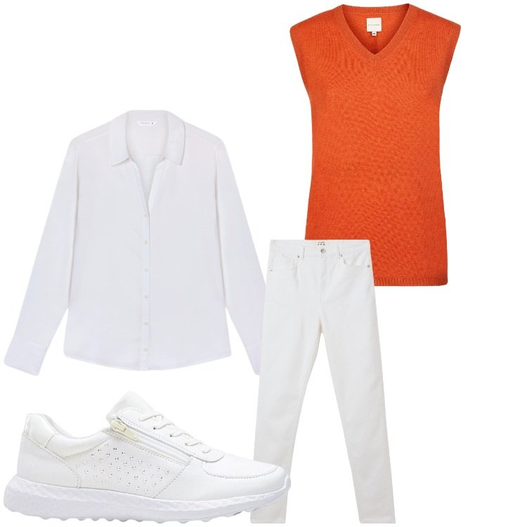Outfit donna - Un sorso d´arancio. Stile Casual per Tutti i giorni. Abbinamento con sneakers, pantaloni skinny, camicie, maglieria.