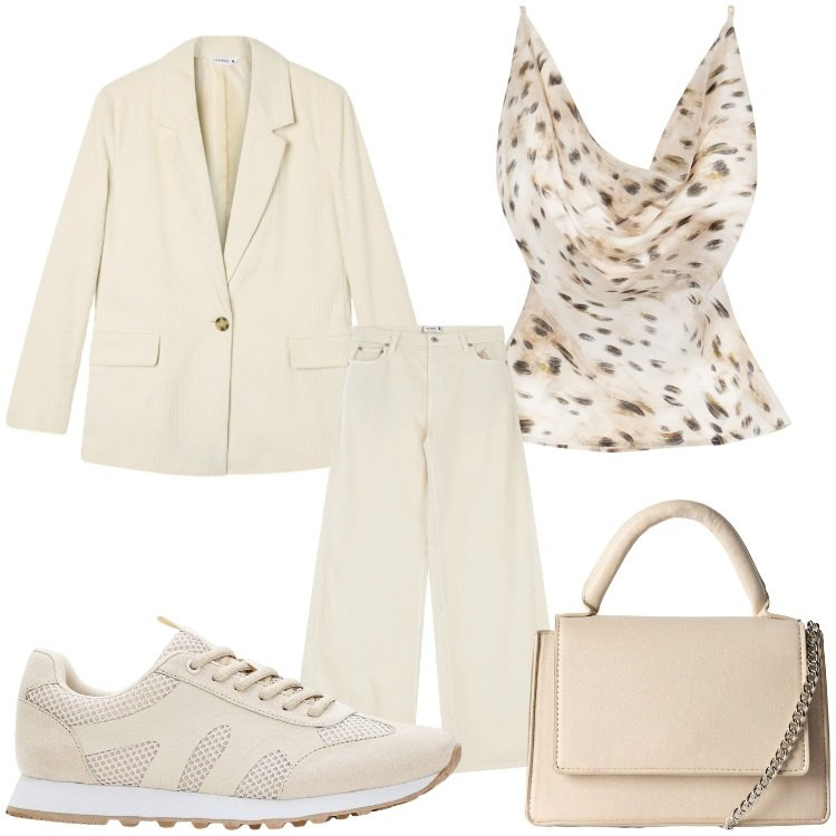 Outfit donna - Sporty beige. Stile Sporty chic per Ufficio. Abbinamento con sneakers, borse a tracolla, blazer, top, pantaloni.