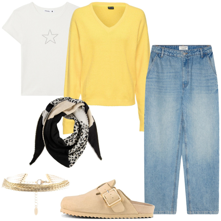 Outfit donna - Domenica in casa. Stile Casual per Tutti i giorni. Abbinamento con maglieria, foulard, t-shirt, jeans, braccialetti, sabot.