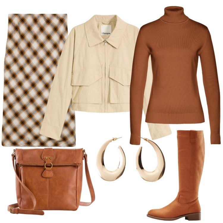 Outfit donna - Autunno Bonprix. Stile Urban per Ufficio. Abbinamento con maglieria, stivali, orecchini, trench, gonne longuette, borse a tracolla.