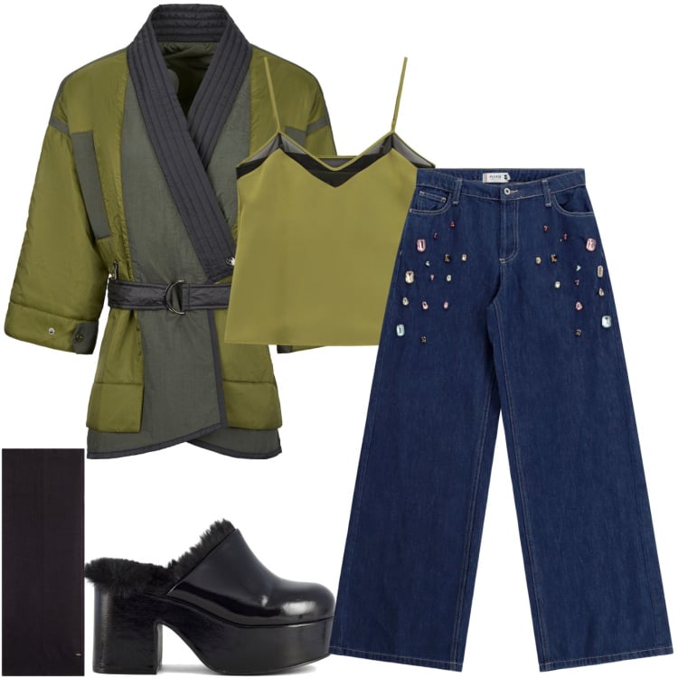 Outfit donna - Ritrovo prima di cena con gli amici. Stile Casual per Tutti i giorni. Abbinamento con jeans, top, sciarpe, kimono, sabot.