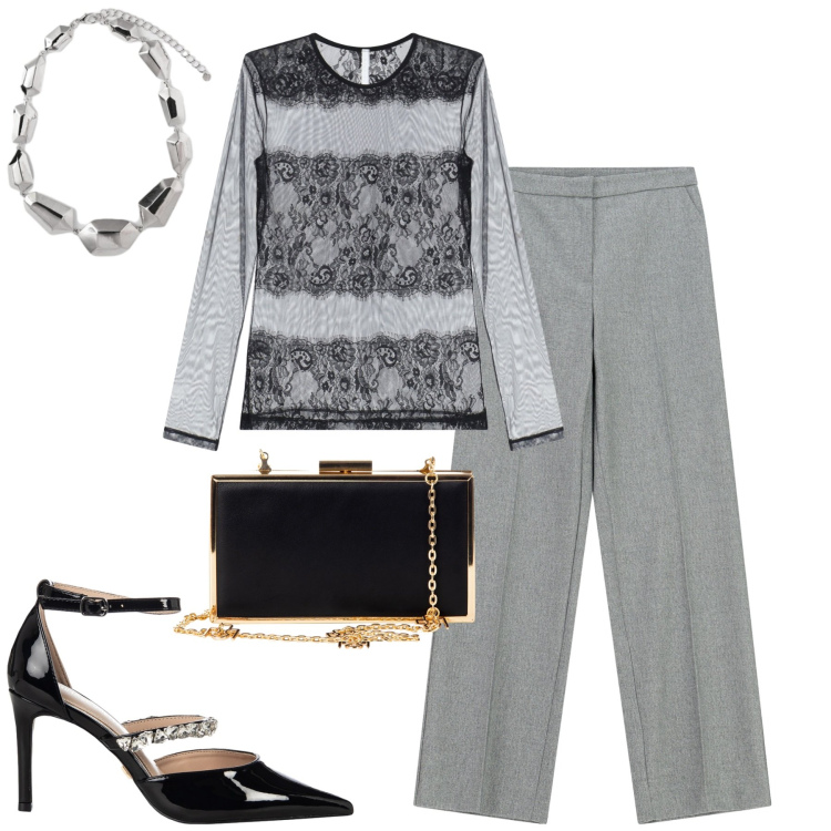 Outfit donna - Pizzo e trasparenze. Stile Chic per Serata fuori. Abbinamento con pochette, décolleté, pantaloni a palazzo, bluse, ciondoli.