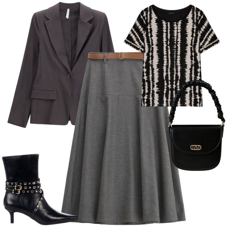 Outfit donna - Grey. Stile Urban per Tutti i giorni. Abbinamento con stivaletti, borse a mano, gonne lunghe, blazer, bluse.