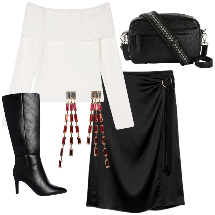 Outfit donna - Total look #2254201. Stile Glamour per Serata fuori. Abbinamento con orecchini, borse a tracolla, maglieria, stivali sopra il ginocchio, gonne longuette.