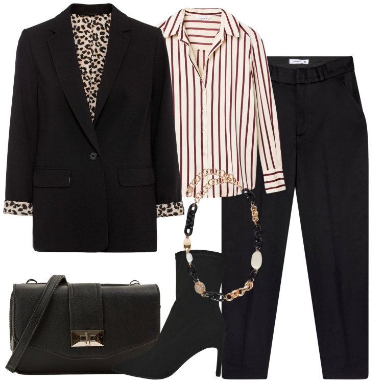 Outfit donna - In ufficio. Stile Urban per Ufficio. Abbinamento con blazer, pantaloni chino, camicie, stivali, borse a tracolla, collane.