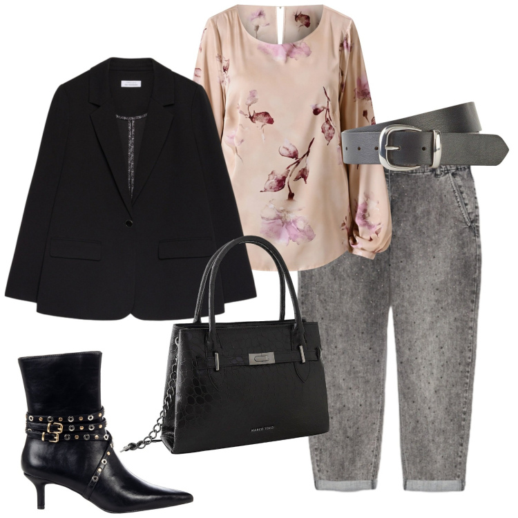 Outfit donna - Total look #2254203. Stile Casual chic per Ufficio. Abbinamento con cinture, borse a mano, stivaletti, bluse, jeans, blazer.