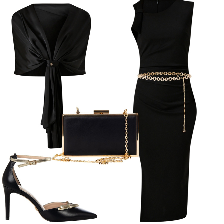 Outfit donna - Serata importante. Stile Chic per Serata fuori. Abbinamento con scialli, décolleté, pochette, vestiti a tubino, cinture.