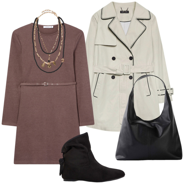 Outfit donna - Total look #2254205. Stile Minimal per Tutti i giorni. Abbinamento con stivaletti, shopping bag, vestiti midi/longuette, trench, collane.