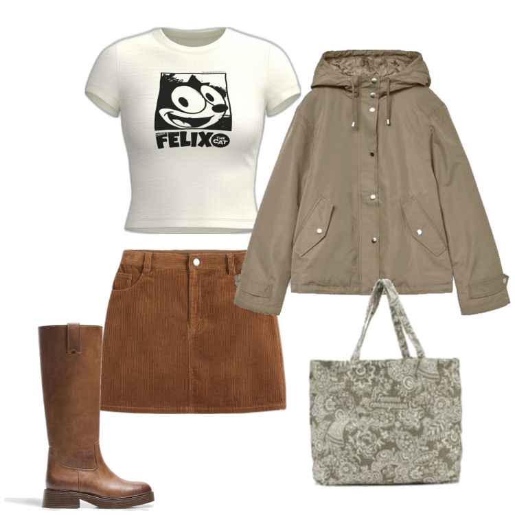 Outfit mujer - Chic #10763. Estilo Chic para Todos los días. Combinación con parka, bolso tote, camiseta, botas, minifaldas.