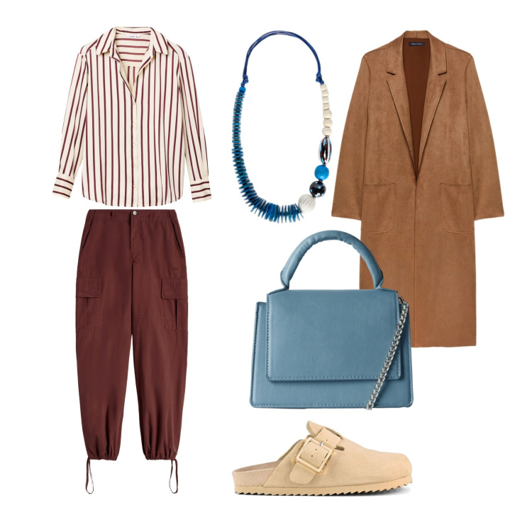 Outfit donna - Passeggiata pomeridiana o cinema?. Stile Casual per Tutti i giorni. Abbinamento con borse a tracolla, camicie, pantaloni cargo, trench, sabot, collane.