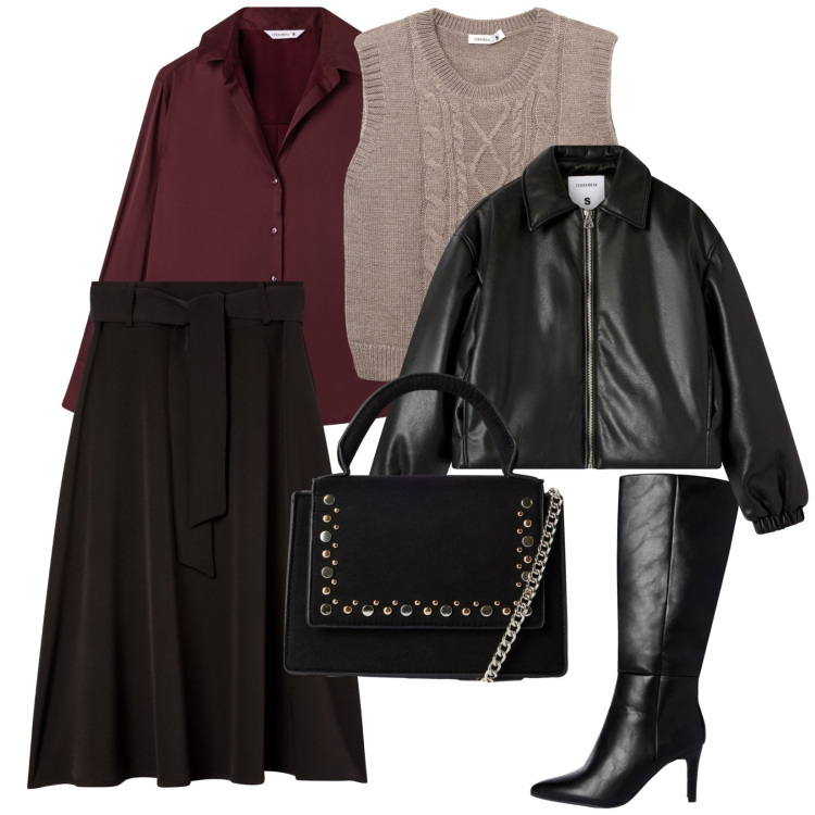 Outfit donna - Terranova autunno. per Tutti i giorni. Abbinamento con stivali sopra il ginocchio, borse a tracolla, gonne lunghe, bomber, camicie, maglieria.