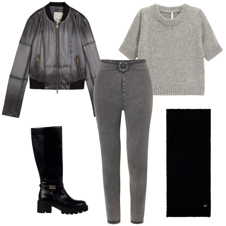 Outfit donna - Essenza senza tempo. Stile Casual per Tutti i giorni. Abbinamento con blazer, stivali sopra il ginocchio, maglieria, jeggings, sciarpe.