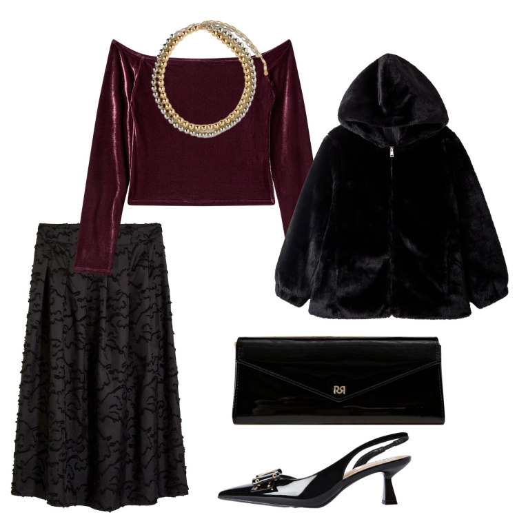 Outfit donna - Serate autunnali. per Serata fuori. Abbinamento con gonne longuette, ecopellicce, bluse, décolleté, pochette, collane.