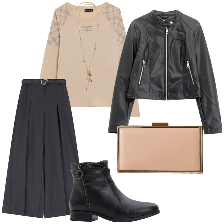 Outfit donna - Ottobre in città. per Tutti i giorni. Abbinamento con stivaletti, pochette, pantaloni, giacche, t-shirt, ciondoli.
