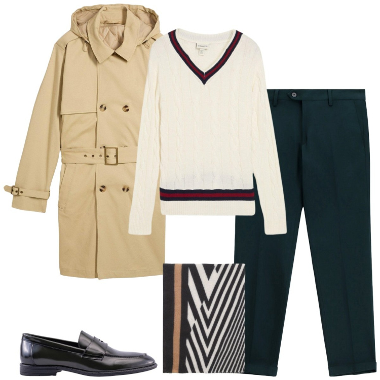 Outfit uomo - Trench destrutturato per il weekend urba. Stile Business/Elegante per Ufficio. Abbinamento con trench, maglieria, sciarpe, pantaloni, scarpe stringate.