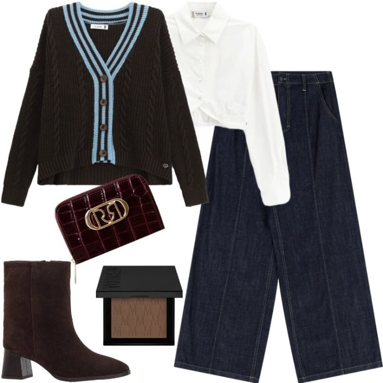 Outfit donna - Lavoro informale, scuola o università. Stile Casual chic per Ufficio. Abbinamento con stivaletti, terre, cardigans, jeans, camicie, portafogli.