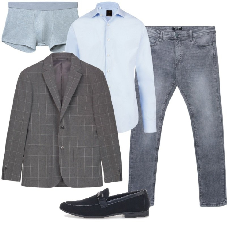 Outfit uomo - Jeans skinny fit Grigio denim. Stile Casual per Ufficio. Abbinamento con jeans skinny, boxer, camicie, giacche, scarpe stringate.