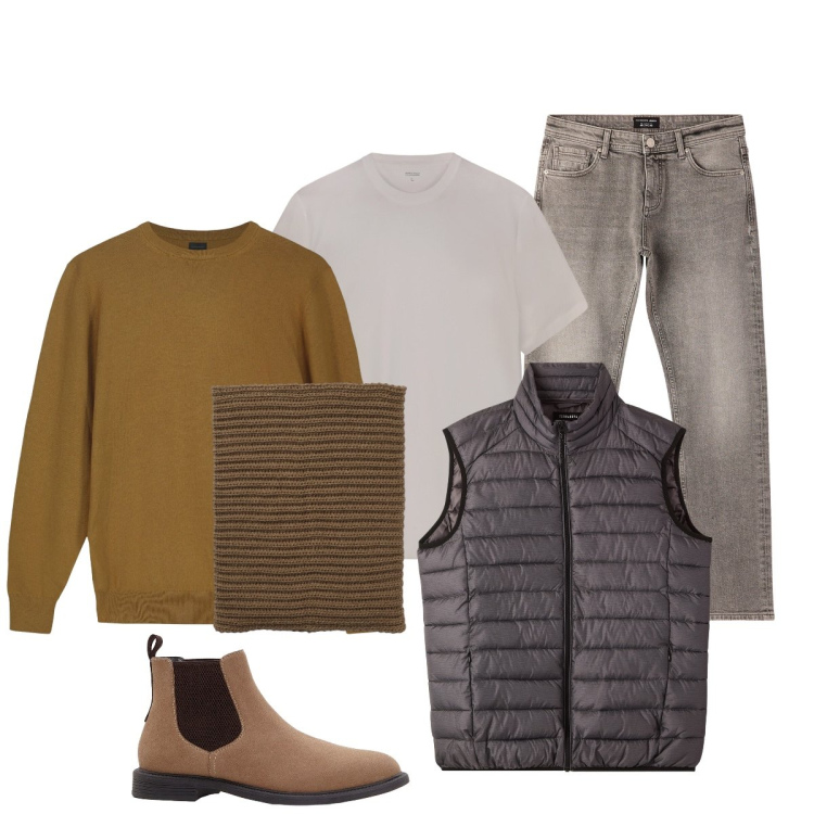 Outfit uomo - Total look #2254242. Stile Casual per Ufficio. Abbinamento con stivali e stivaletti, jeans, piumini, scaldacollo, maglieria, t-shirt.