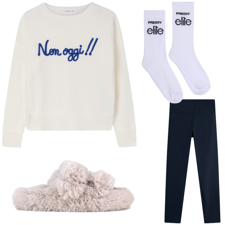 Outfit donna - Comoda dopo l\'ufficio. Stile Basic per Tutti i giorni. Abbinamento con maglieria, leggings, calzini, ciabatte.