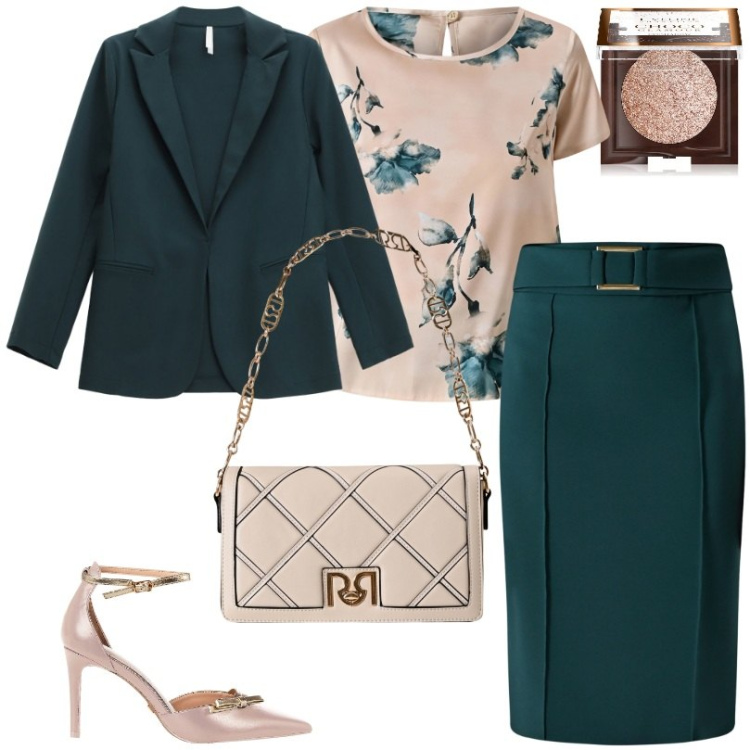 Outfit donna - verde tonalità elegante. Stile Chic per Cerimonia. Abbinamento con ombretti, gonne, bluse, décolleté, borse a tracolla, blazer.