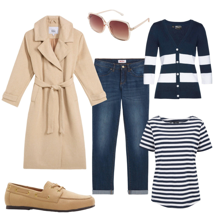 Outfit donna - Un autunno a righe. Stile Glamour per Tutti i giorni. Abbinamento con jeans dritti, cardigans, t-shirt, cappotti, occhiali da sole, mocassini.