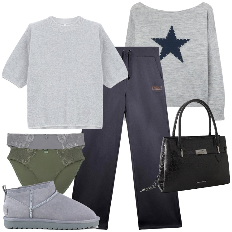 Outfit donna - Selezione di grigio. Stile Casual chic per Tutti i giorni. Abbinamento con borse a mano, culotte, maglieria, maglieria, pantaloni, stivali.