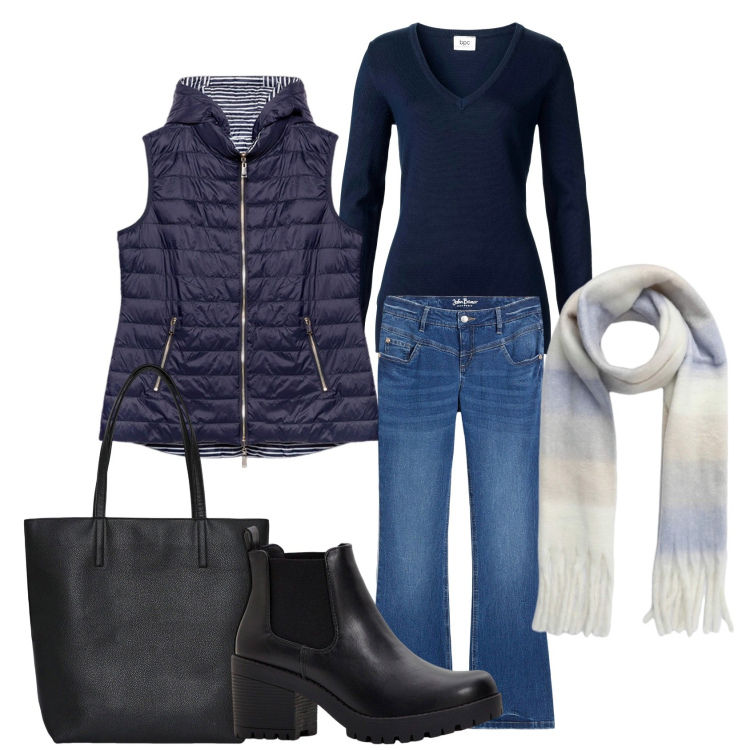 Outfit donna - Bantoa- autunno. Stile Casual per Scuola/Università. Abbinamento con stivaletti chelsea, maglieria, jeans bootcut, borse tote, sciarpe, piumini.