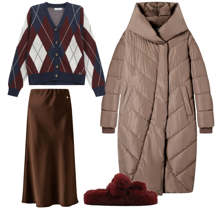 Outfit donna - Benvenuto winter. Stile Casual per Tutti i giorni. Abbinamento con cappotti, gonne longuette, cardigans, ciabatte.