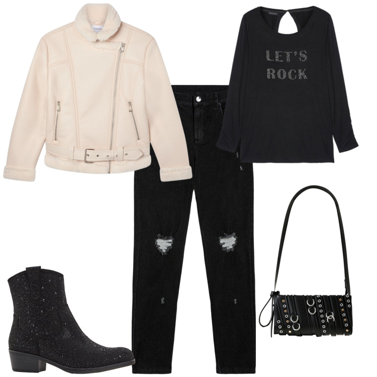 Outfit donna - Rock chic. Stile Rock per Serata fuori. Abbinamento con stivaletti texani, bomber, borse a spalla, jeans skinny, t-shirt.