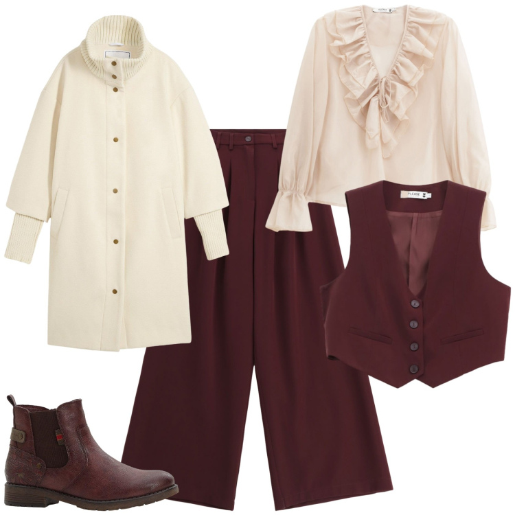 Outfit donna - Trendy bordeaux bianco. Stile Trendy per Tutti i giorni. Abbinamento con cappotti, stivaletti, pantaloni, camicie, gilet.