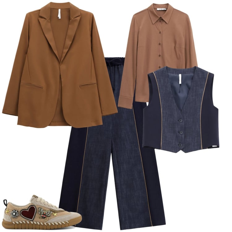 Outfit donna - Trendy bordeaux bianco. Stile Mannish per Tutti i giorni. Abbinamento con camicie, pantaloni a palazzo, gilet, blazer, sneakers.