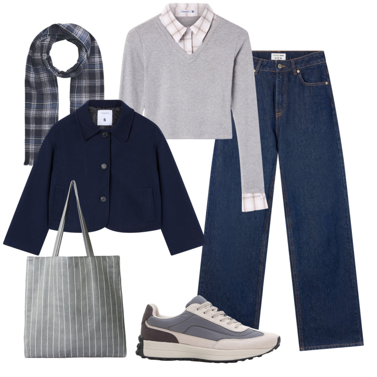 Outfit donna - Look università in autunno. Stile Casual per Scuola/Università. Abbinamento con sneakers, maglieria, jeans, blazer, shopping bag, sciarpe.